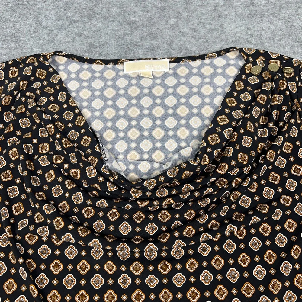 Michael Kors Top Womens Large Black Gold Medallion Draped‎ Neck Blouse Shirt